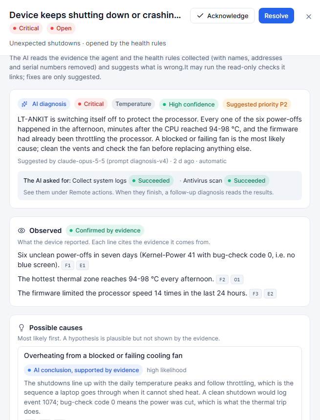 IntelixPulse AI diagnosis explaining an incident with likely cause, confidence and next steps