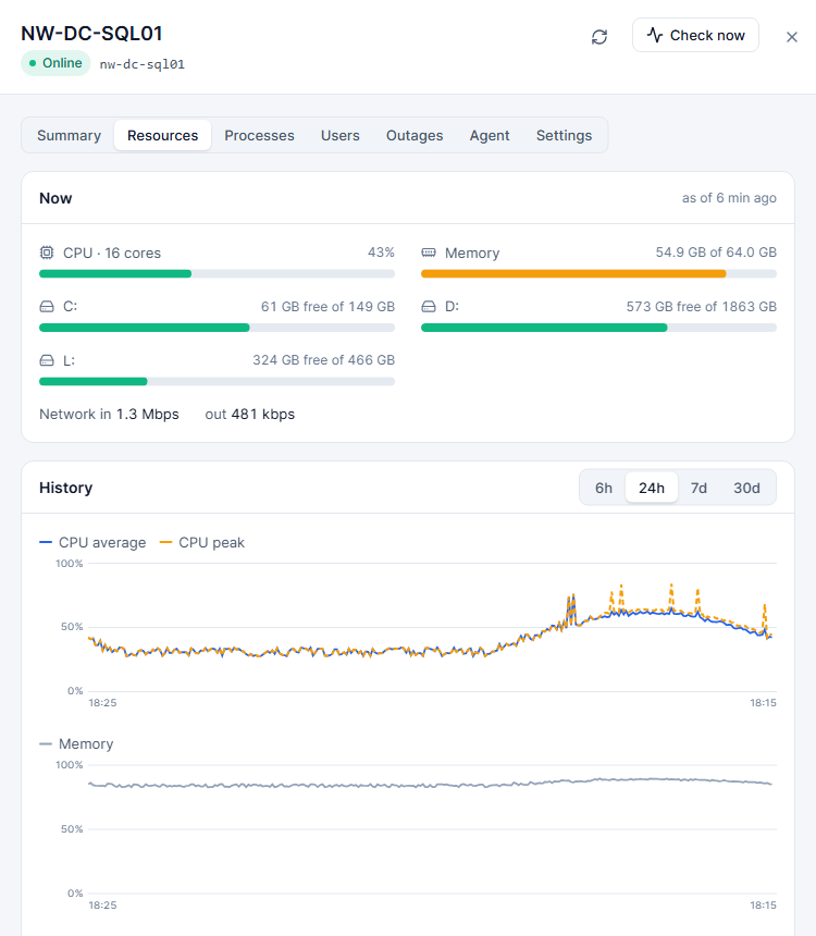 IntelixPulse server detail with live CPU, memory and disk use and 24-hour history charts