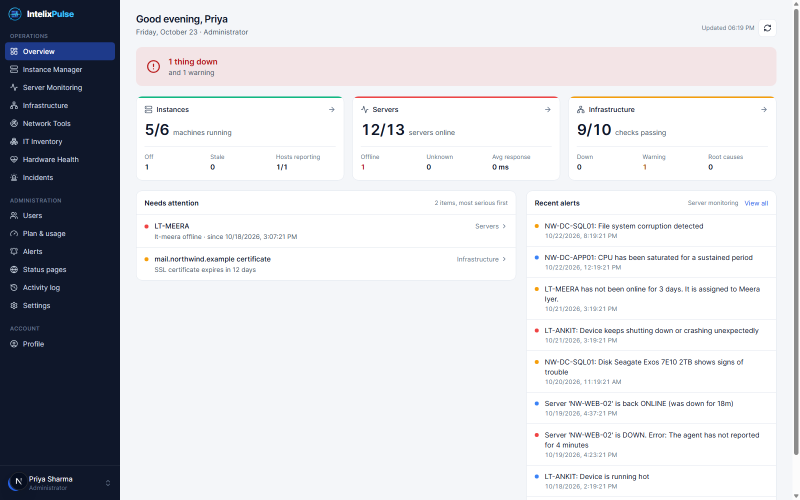 IntelixPulse overview dashboard with server status, incidents and device health